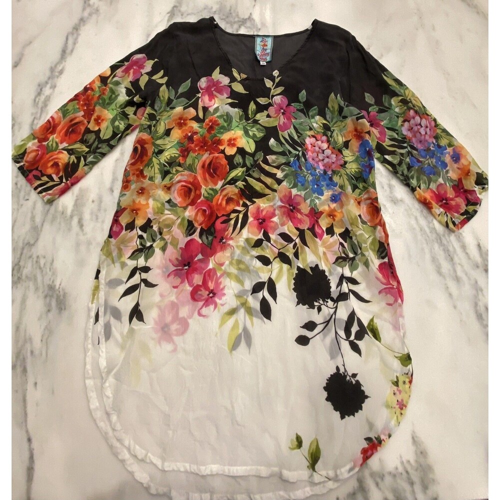 Johnny Was Floral Blouse Tunic Womens SZ Med. 3/4 Sleeve Black w/ bright florals